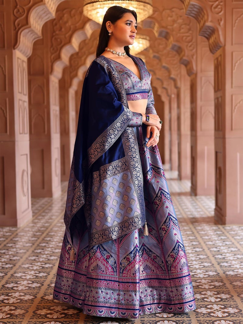 PURVAJA Women's Kanjivaram Semi-Stitched Lehenga Choli (Aayat-Blue_Blue_Free Size) - Image 2
