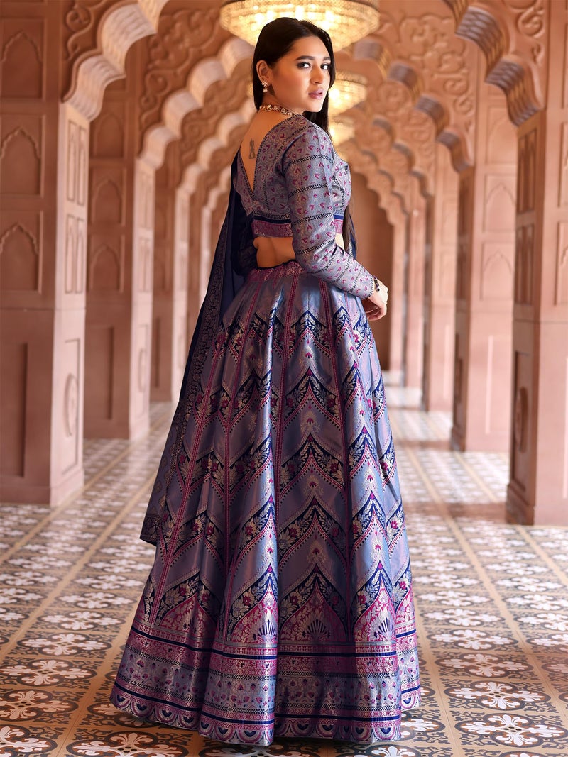 PURVAJA Women's Kanjivaram Semi-Stitched Lehenga Choli (Aayat-Blue_Blue_Free Size) - Image 3