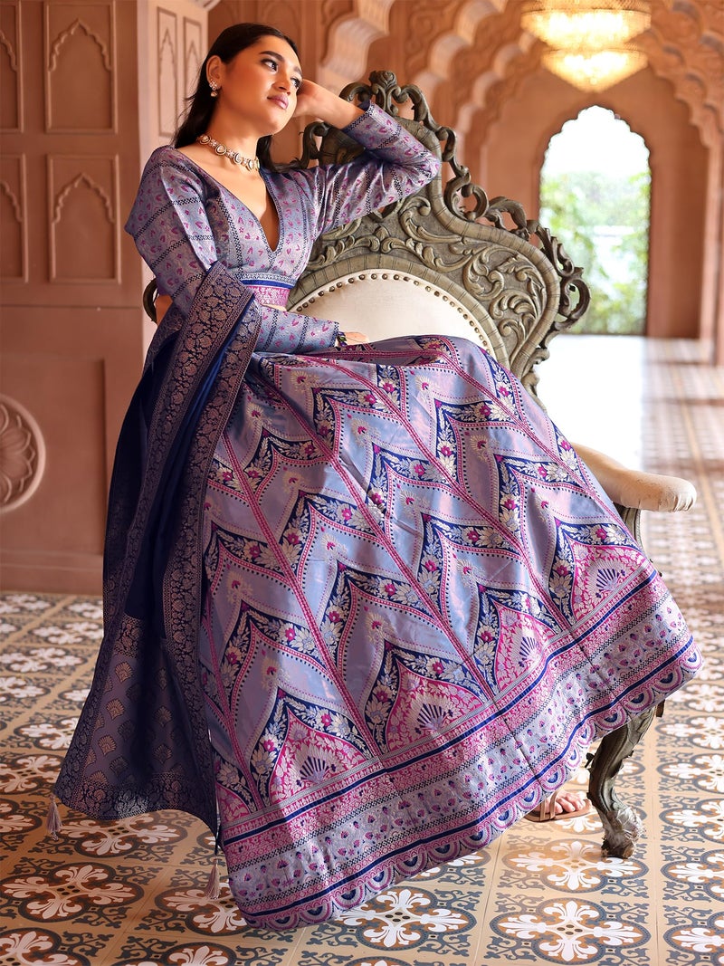 PURVAJA Women's Kanjivaram Semi-Stitched Lehenga Choli (Aayat-Blue_Blue_Free Size) - Image 4