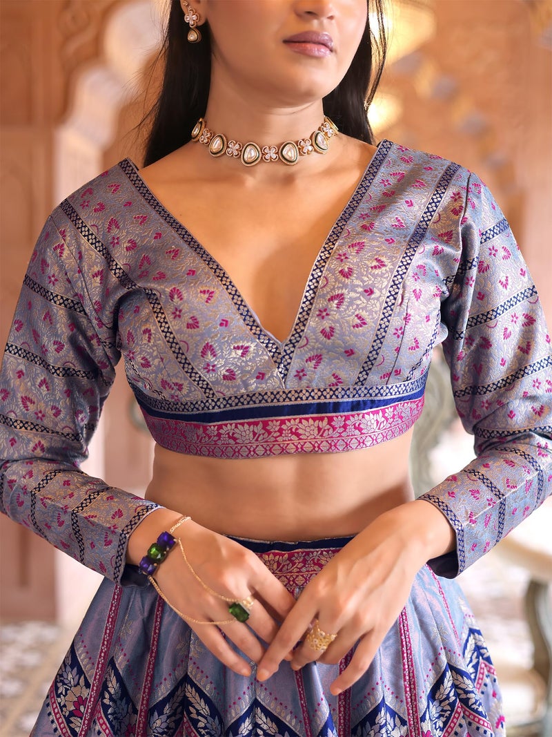 PURVAJA Women's Kanjivaram Semi-Stitched Lehenga Choli (Aayat-Blue_Blue_Free Size) - Image 5
