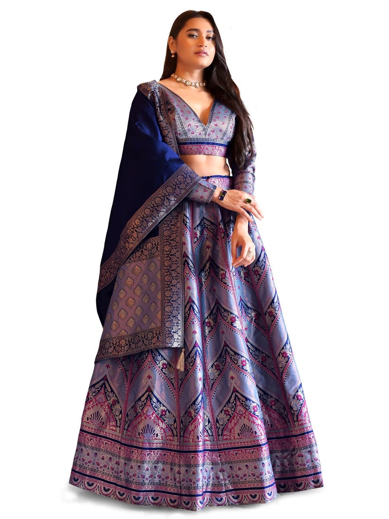 PURVAJA Women's Kanjivaram Semi-Stitched Lehenga Choli (Aayat-Blue_Blue_Free Size) - Image 1