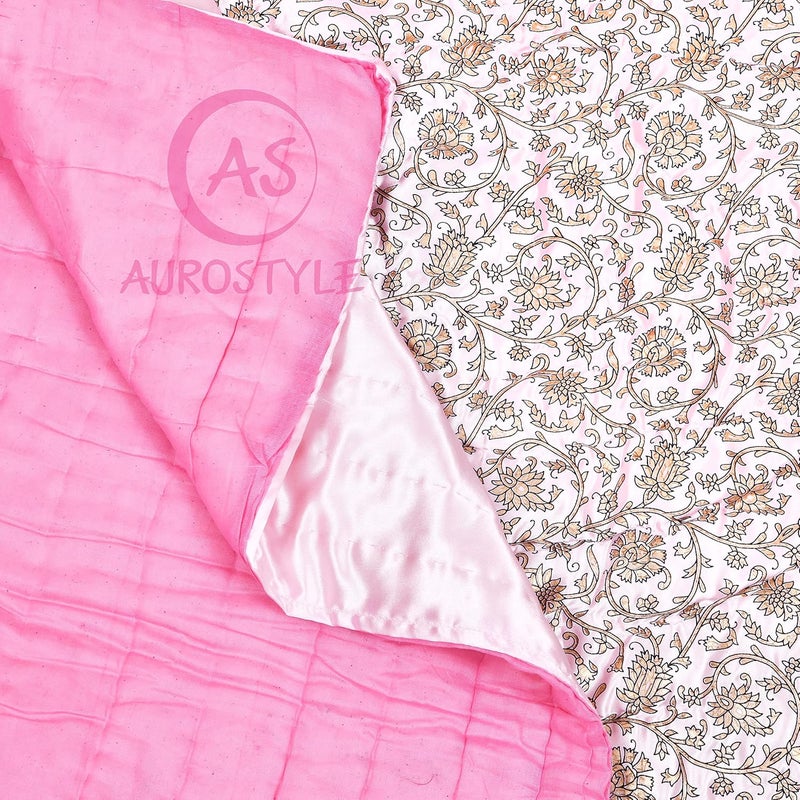 AUROSTYLE Rajasthani Cotton Filled Light Weight Silk Soft Jaipuri AC QuiltRazai Dohar Over All Floral Print Design with Gold Print Quilts Blankets for Home 85x55 InchLight Pink Jaal Print Single Bed - Image 5