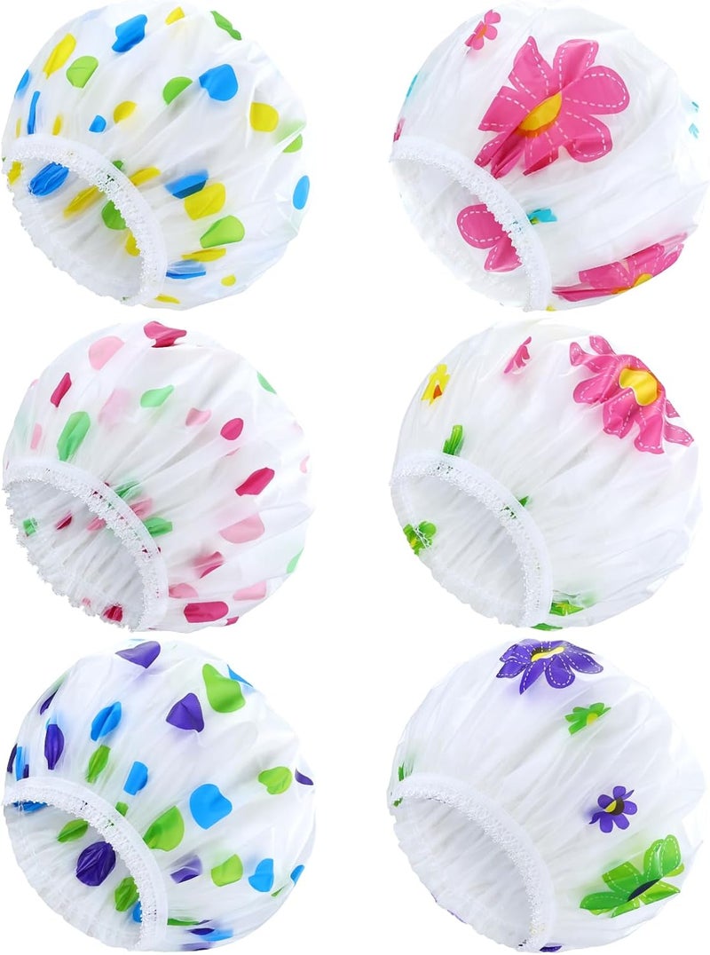 6 PCS Large Plastic Shower Caps Waterproof Bath Caps Reusable EVA Satin Lined Shower Hats Adjustable Bathing Hair Caps Bonnets for Women Girls 3 sun flowers 3 dots