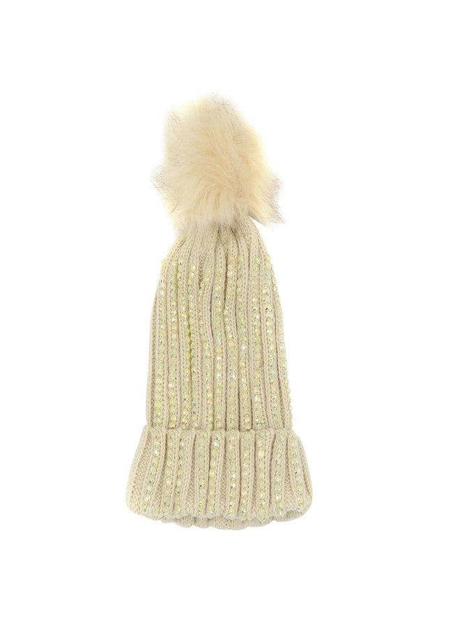 Caviotess Baby Boys Girls Rhinestone Beanie Hat Knit Warm Winter Hat Faux Fur Pom Pom Cap for Toddlers - Image 2
