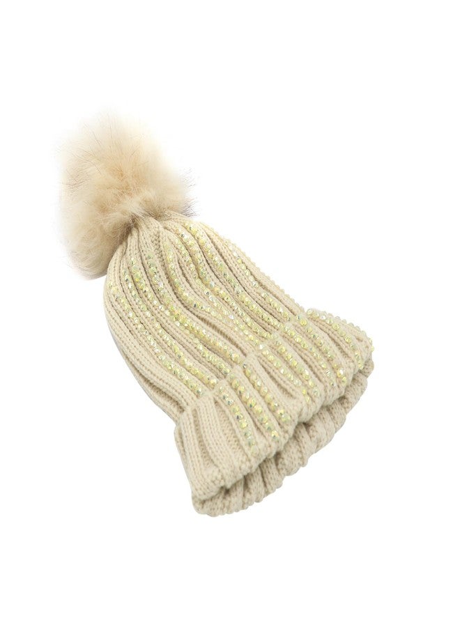 Caviotess Baby Boys Girls Rhinestone Beanie Hat Knit Warm Winter Hat Faux Fur Pom Pom Cap for Toddlers - Image 3