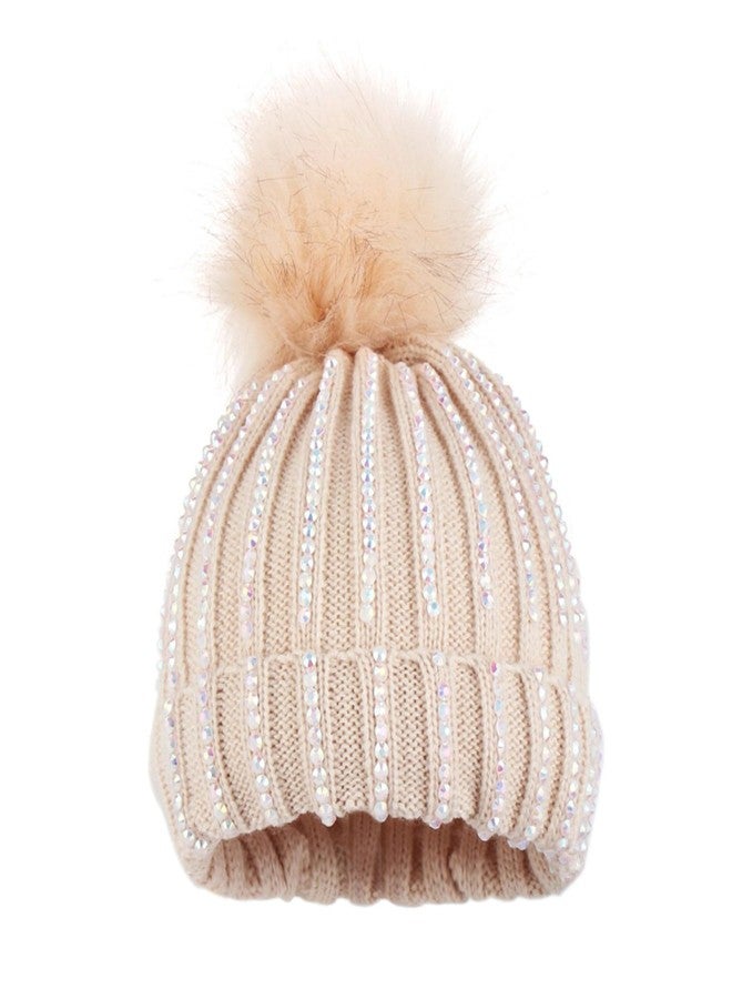 Caviotess Baby Boys Girls Rhinestone Beanie Hat Knit Warm Winter Hat Faux Fur Pom Pom Cap for Toddlers - Image 1