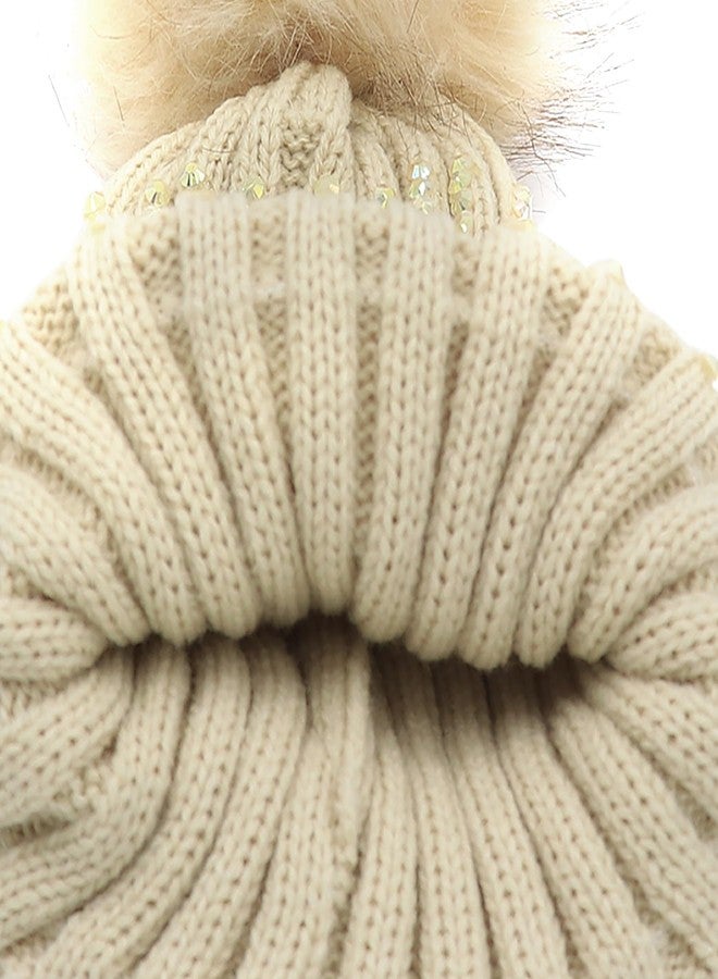 Caviotess Baby Boys Girls Rhinestone Beanie Hat Knit Warm Winter Hat Faux Fur Pom Pom Cap for Toddlers - Image 5
