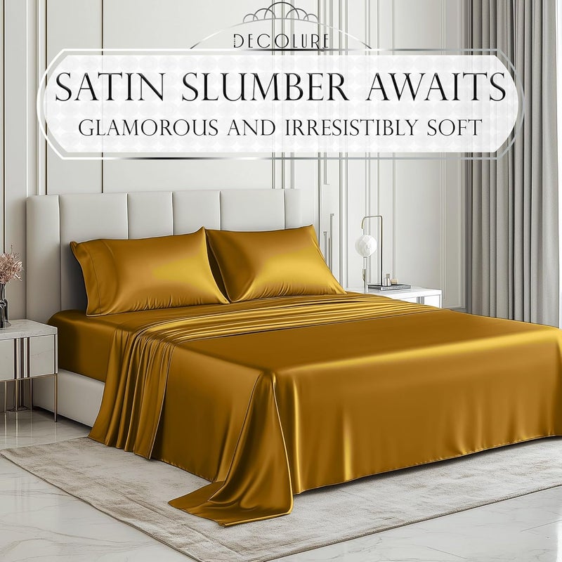 DECOLURE Satin Sheets Queen Size Set 4 Pcs - Silky & Luxuriously Soft Satin Bed Sheets w/ 15 inch Deep Pocket - Similar to Silk Sheets - Double Stitching, Wrinkle Free (Gold) - Image 2