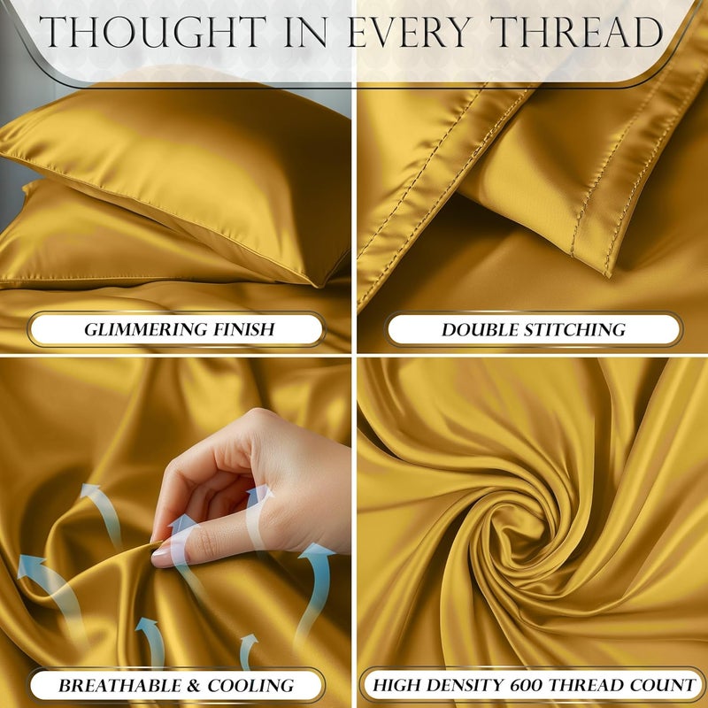 DECOLURE Satin Sheets Queen Size Set 4 Pcs - Silky & Luxuriously Soft Satin Bed Sheets w/ 15 inch Deep Pocket - Similar to Silk Sheets - Double Stitching, Wrinkle Free (Gold) - Image 3