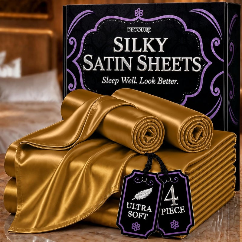 DECOLURE Satin Sheets Queen Size Set 4 Pcs - Silky & Luxuriously Soft Satin Bed Sheets w/ 15 inch Deep Pocket - Similar to Silk Sheets - Double Stitching, Wrinkle Free (Gold) - Image 1