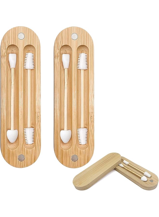 Excefore 2 Pack Reusable Cotton Buds For Ears With Magnetic Bamboo Travel Case Set For Ear Cleaning And Makeup - Image 1
