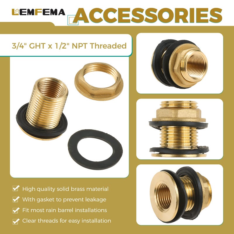 Lemfema 2PCS Rain Barrel Linking Kit - 2 x 14 inch Hose and 4 x Brass Bulkhead Tank Fittings - Image 3