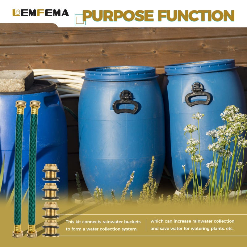 Lemfema 2PCS Rain Barrel Linking Kit - 2 x 14 inch Hose and 4 x Brass Bulkhead Tank Fittings - Image 5
