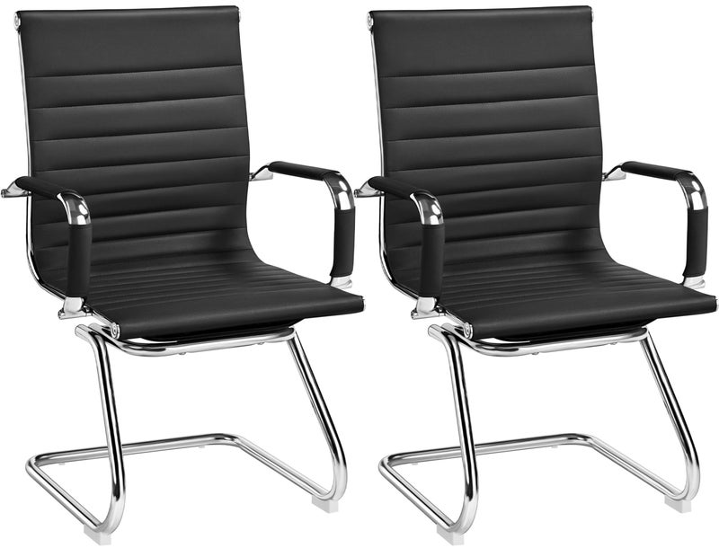 Yaheetech Faux Leather Office Reception Chair Without Wheels Mid Back Ergonomic Guest Chairs for Conference Reception Room Waiting Room Set of 2 Black