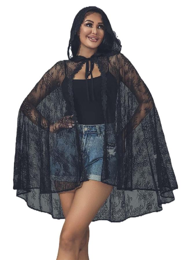 GORAIS GORAIS Lace Hooded Cloak Black Womens Halloween Costumes Short Hooded Cape Cosplay Sheer Lace Cloak for Party Dresses  - Image 3