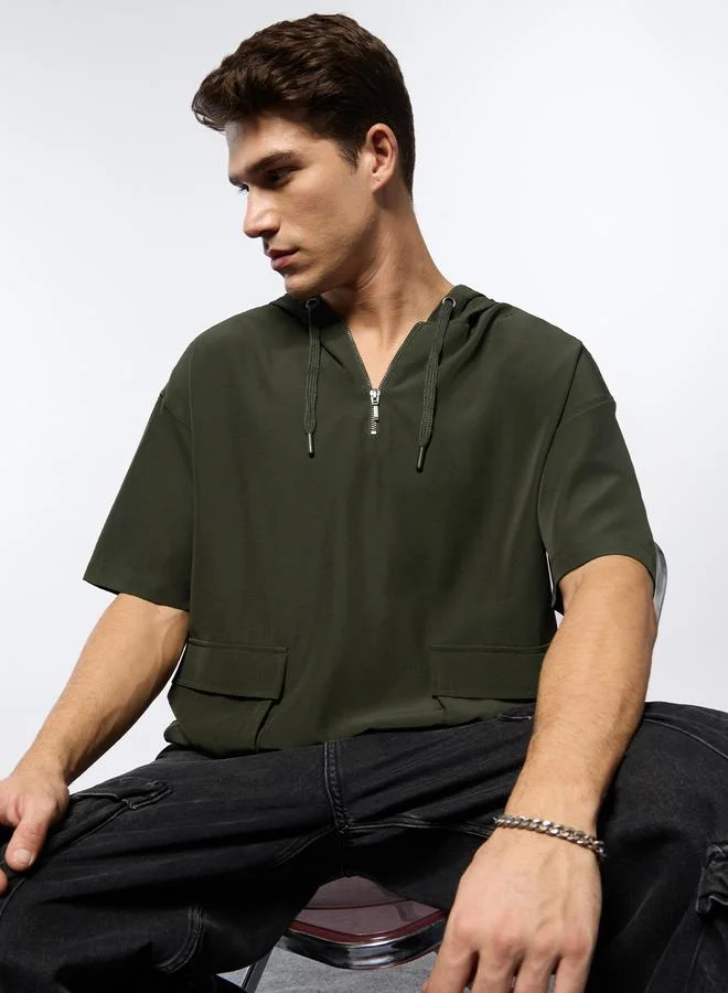 The Souled Store Olive Oversized Cotton Hooded T-Shirt