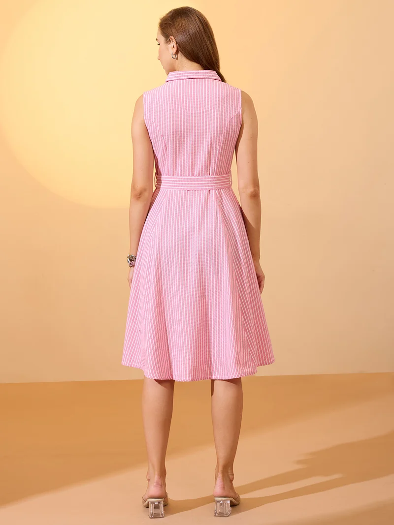 globus Women Pink Stripes Printed Notch Lapel Belted Midi Workwear Dress