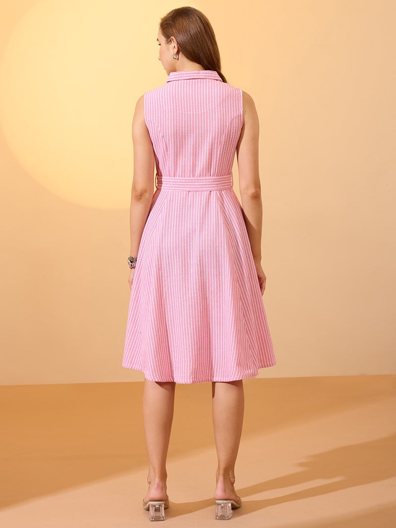 globus Globus Women Pink Stripes Printed Notch Lapel Belted Midi Workwear Dress  - Image 3