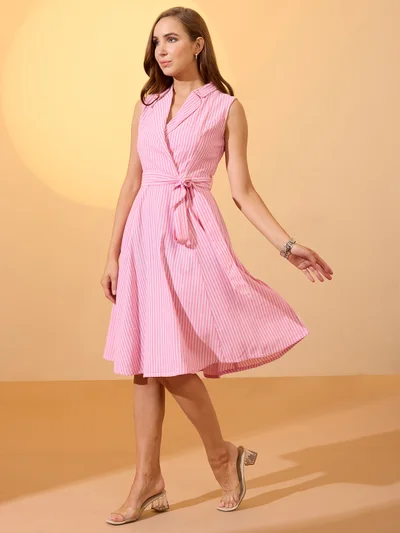 globus Women Pink Stripes Printed Notch Lapel Belted Midi Workwear Dress