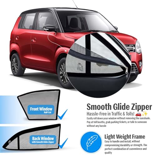 Autofact Magnetic Car Sunshades Compatible with Maruti Wagon r (2019 to 2024) (Set of 4) – Easy Installation, UV Protection (Front 2 Half-Cut for Side Mirror Visibility, Rear 2 with Zippers) - Image 4