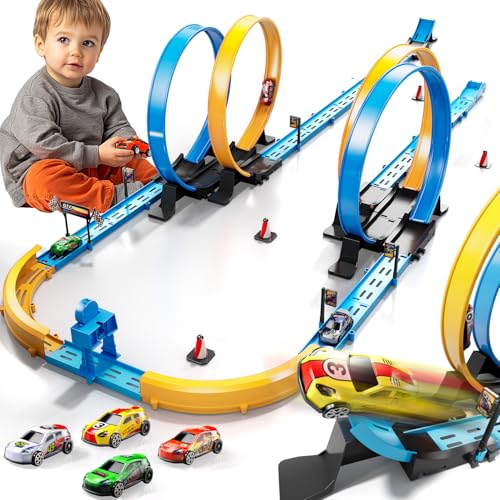 LILYBUDS Toy Car Track Gift Set for Boys Kids Age 35 47 812 Long Race Tracks with 4 Action Loops and 4 HighSpeed Slot DieCast Race Cars 35 Pieces Race Tracks to Create Multiple Configurations - Image 1