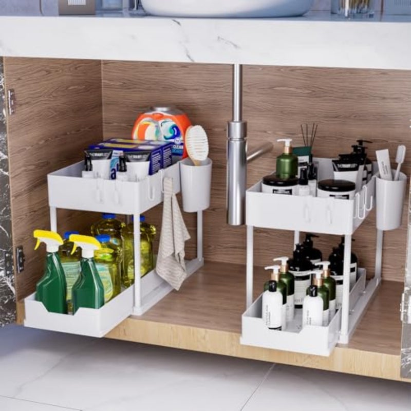 2 Pack Under Sink Organizers and Storage Pull Out Sliding Drawer, 2 Tier Multi-Purpose Kitchen Under The Sink Organizer Under Bathroom Sink Shelf Storage Rack for Countertop Laundry -White - Image 3