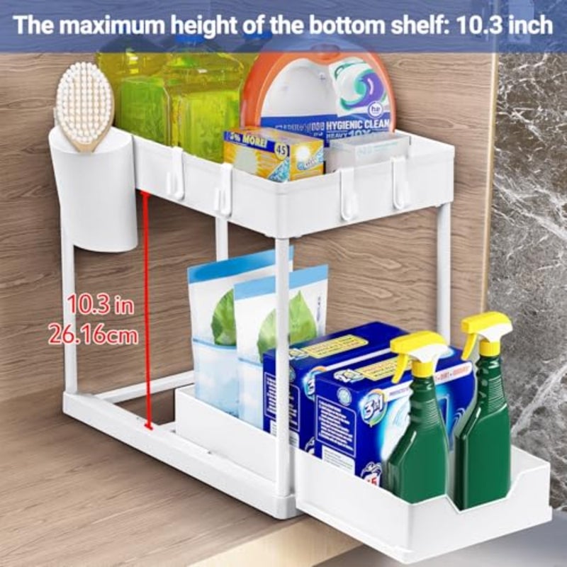 2 Pack Under Sink Organizers and Storage Pull Out Sliding Drawer, 2 Tier Multi-Purpose Kitchen Under The Sink Organizer Under Bathroom Sink Shelf Storage Rack for Countertop Laundry -White - Image 4