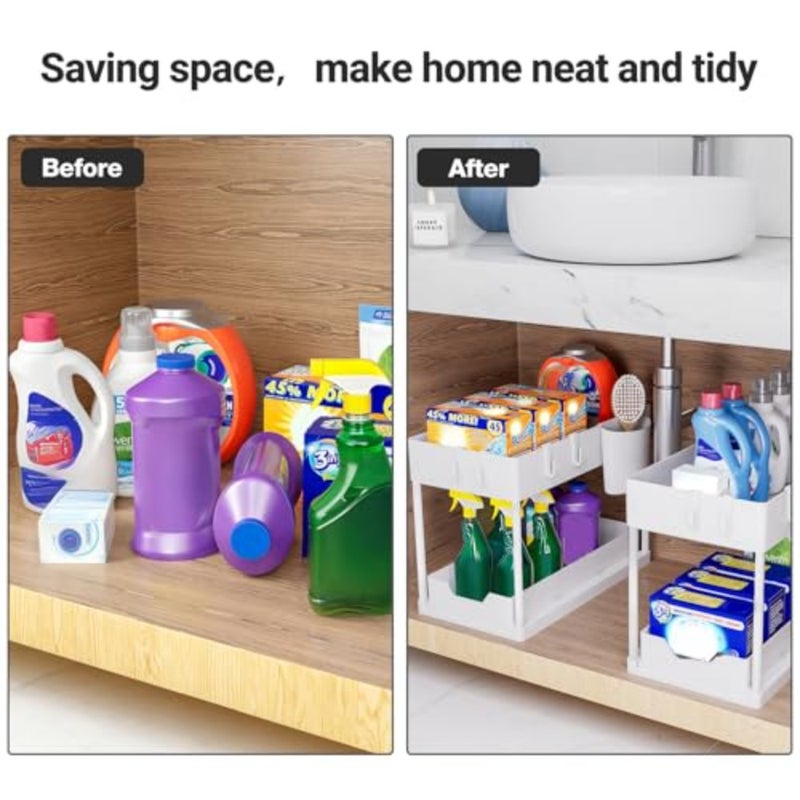 2 Pack Under Sink Organizers and Storage Pull Out Sliding Drawer, 2 Tier Multi-Purpose Kitchen Under The Sink Organizer Under Bathroom Sink Shelf Storage Rack for Countertop Laundry -White - Image 5