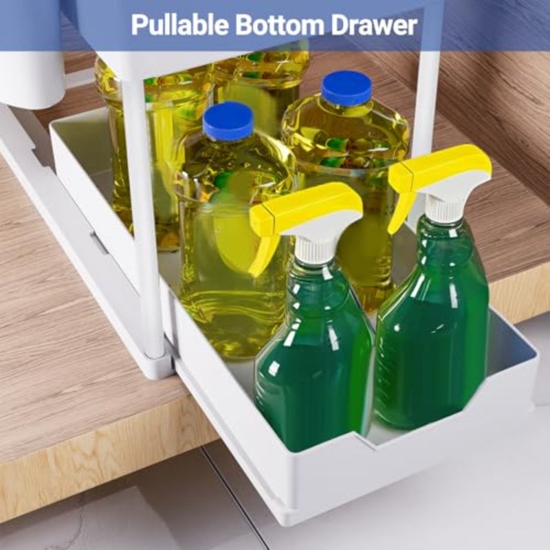 2 Pack Under Sink Organizers and Storage Pull Out Sliding Drawer, 2 Tier Multi-Purpose Kitchen Under The Sink Organizer Under Bathroom Sink Shelf Storage Rack for Countertop Laundry -White - Image 2