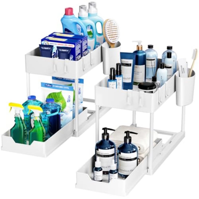 2 Pack Under Sink Organizers and Storage Pull Out Sliding Drawer, 2 Tier Multi-Purpose Kitchen Under The Sink Organizer Under Bathroom Sink Shelf Storage Rack for Countertop Laundry -White - Image 1