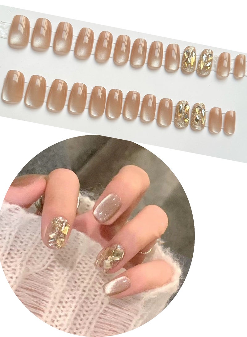 24 قطعة أظافر لامعة مضغوطة مع لمسات من الأحجار الكريمة، تصميم مربع قصير، أظافر مزيفة قابلة لإعادة الاستخدام للفتيات والنساء - Image 1
