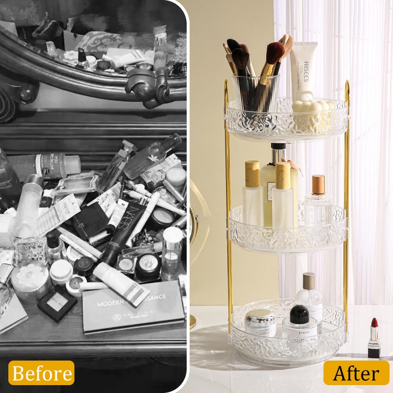Fangoo 3 Tiers Clear Rotating Makeup Organizer for Vanity, 360 Spinning Skincare Organizers for Dresser Perfume Holder Large Skincare Make Up Storage Cosmetic Organizer for Bathroom Countertop - Image 4