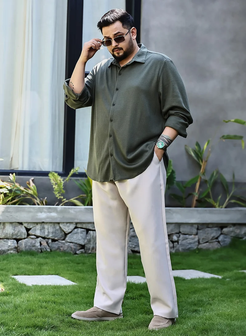 Instafab Plus Instafab Plus Men's Saltbox Beige Straight Pleated Trousers For Casual Wear | Mid-Rise | Straight Fit | Drawstring Closure | Plus Size Trousers Crafted With Comfort Fit For Everyday Wear