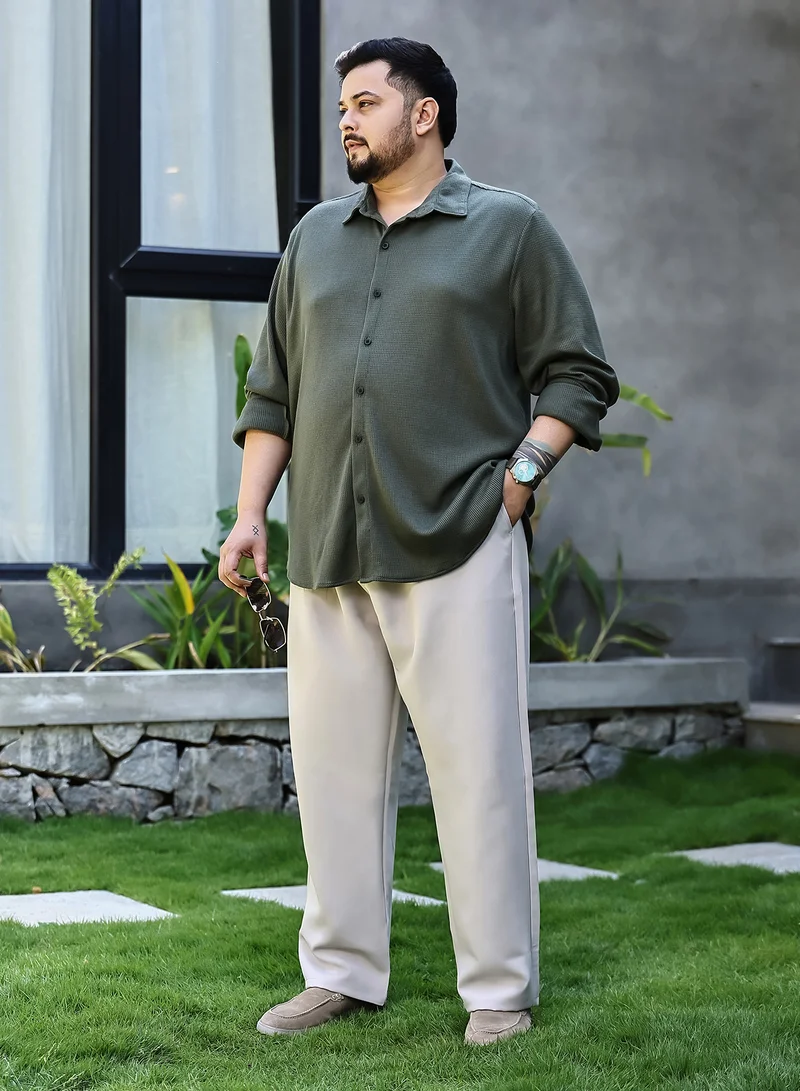 Instafab Plus Instafab Plus Men's Saltbox Beige Straight Pleated Trousers For Casual Wear | Mid-Rise | Straight Fit | Drawstring Closure | Plus Size Trousers Crafted With Comfort Fit For Everyday Wear