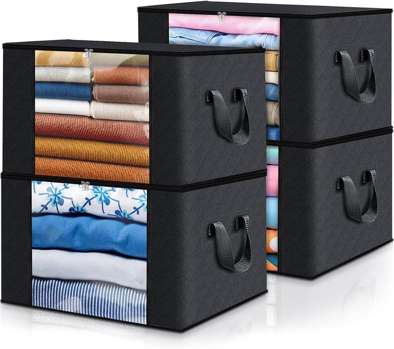 Fab totes 4 Pack Clothes Storage, Foldable Thick Fabric Blanket Storage Bags, Storage Containers for Organizing Bedroom, Closet, Clothing, Comforter, Organization and Storage with Handle,Black - Image 1