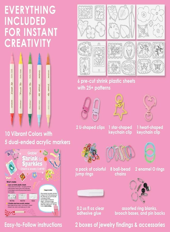 Grabie DIY Shrink Art Craft Kit Jewelry Making Kit for Kids Adults, 25+ Pre-Cut Shapes, 5 Dual-Tip Markers, Custom Charms, Pins, Rings, Keychains (Bloom Post - for Art Lovers) - Image 3