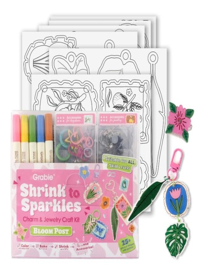 Grabie DIY Shrink Art Craft Kit Jewelry Making Kit for Kids Adults, 25+ Pre-Cut Shapes, 5 Dual-Tip Markers, Custom Charms, Pins, Rings, Keychains (Bloom Post - for Art Lovers) - Image 1
