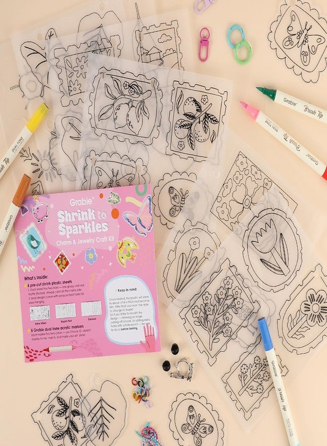 Grabie DIY Shrink Art Craft Kit Jewelry Making Kit for Kids Adults, 25+ Pre-Cut Shapes, 5 Dual-Tip Markers, Custom Charms, Pins, Rings, Keychains (Bloom Post - for Art Lovers) - Image 2
