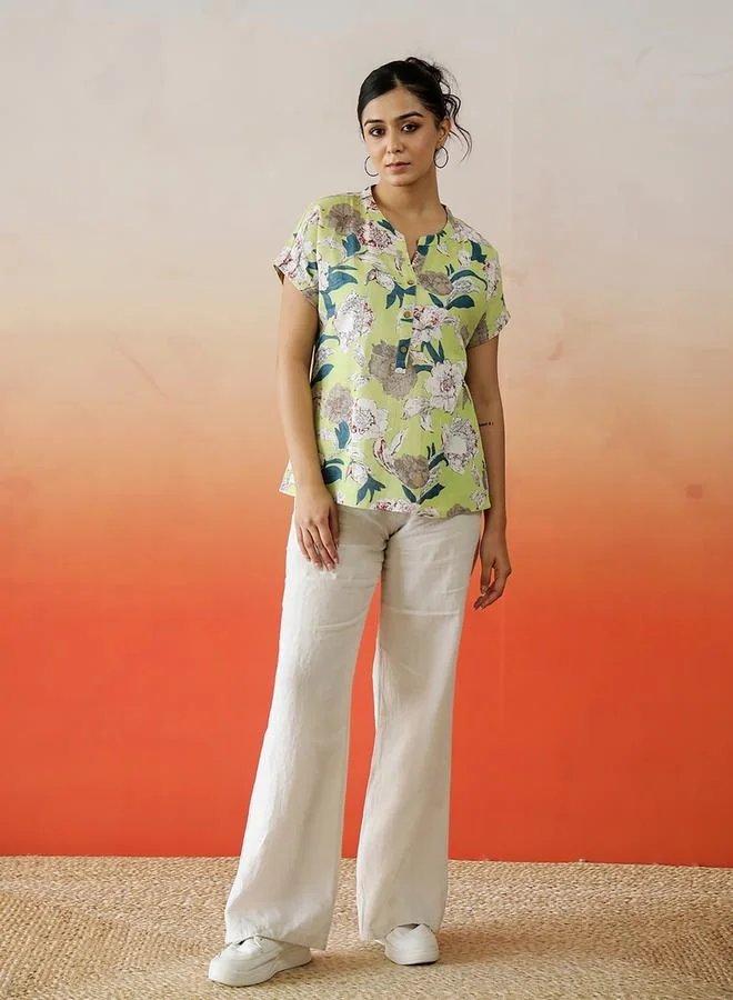 sanskrutihomes sanskrutihomes Floral Print Extended Sleeves Notch Neck Cotton Top