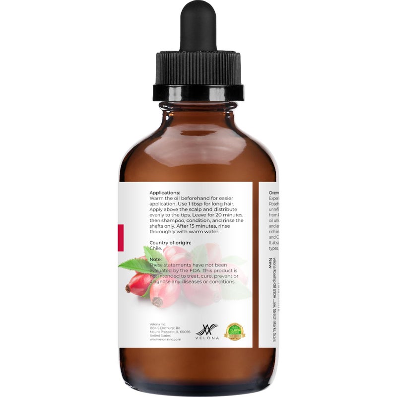 velona Rosehip Oil - 4 Fl Oz | 100% Pure and Natural Carrier Oil| Unrefined, Cold Pressed, Hexane Free | Moisturizing Face, Hair, Body, Skin Care, Stretch Marks, Scarsâ€¦ - Image 4