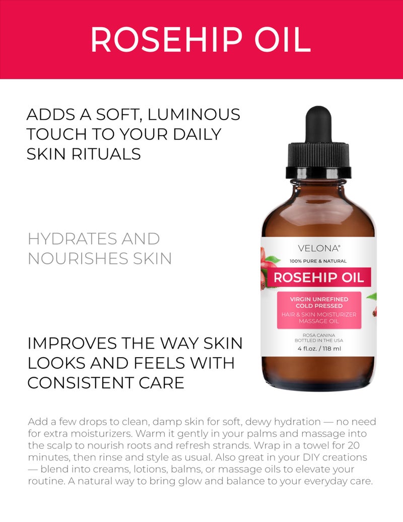 velona Rosehip Oil - 4 Fl Oz | 100% Pure and Natural Carrier Oil| Unrefined, Cold Pressed, Hexane Free | Moisturizing Face, Hair, Body, Skin Care, Stretch Marks, Scarsâ€¦ - Image 2