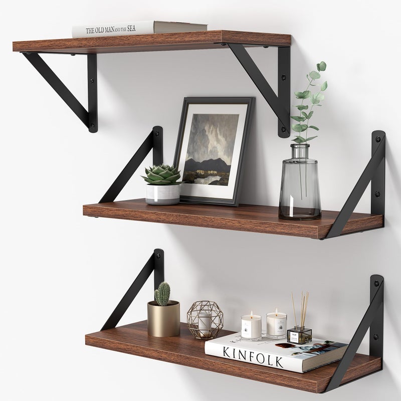 Heimlove Floating Shelves for Wall 16 Inch Long Wood Floating Shelves Set of 3 Wall Mounted Hanging Shelf for Bathroom Bedroom Kitchen Walnut