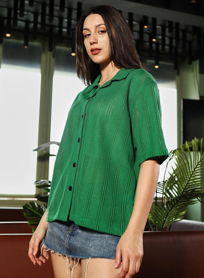 PINACOLADA  Women's Kelly Green Duo-Striped Open-Knit Oversized Shirt for Women | Best Price UAE