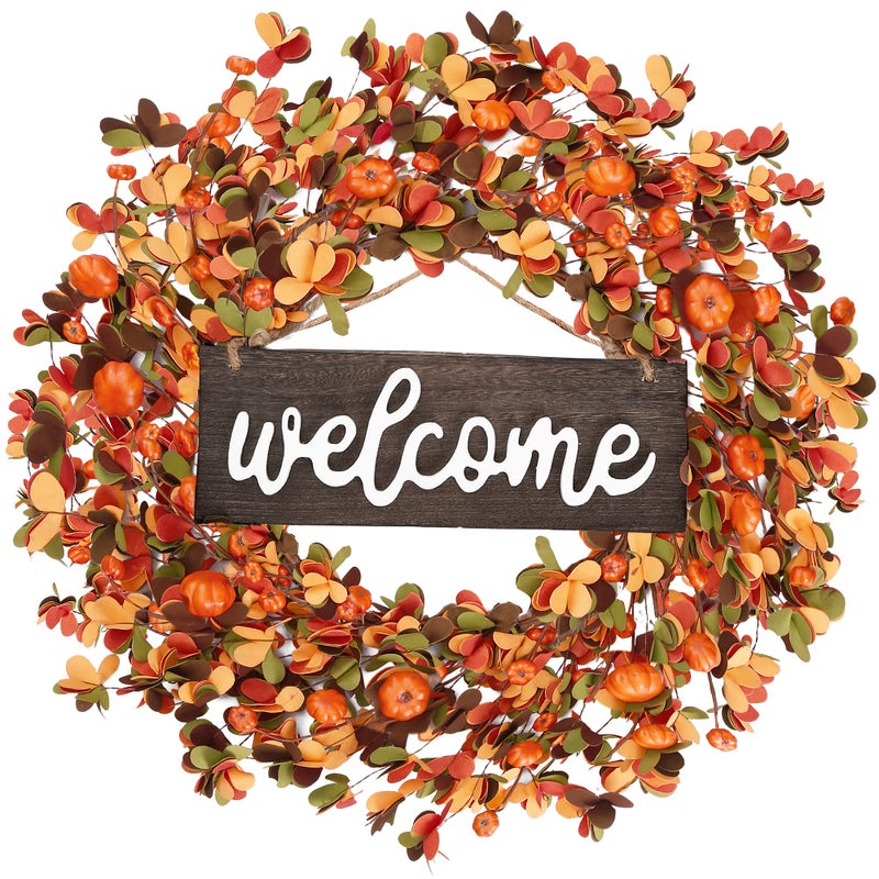 Sggvecsy Fall Wreath 20 Autumn Front Door Harvest with Small Pumpkin Berry Round Leaves Decorations for Outside Indoor Wall Window Festival Thanksgiving DecorOrange