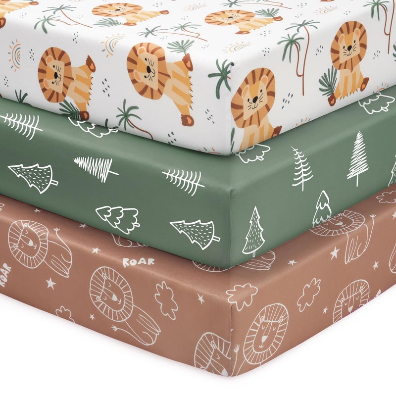 FIEMOL Baby Crib Sheets for Boys and Girls, 3 Pack Fitted Toddler Bed Sheets Neutral for 52â€x28â€ Standard Crib and Toddler Mattresses, Super Soft Microfiber Brown Lion - Image 1