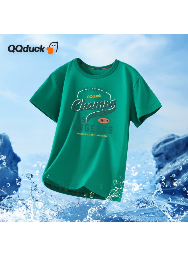Qq Duck Children's Clothing T-shirt Boys Short Sleeve Girls Top Summer Student Clothes Green Text Ribbon Cyan; 150