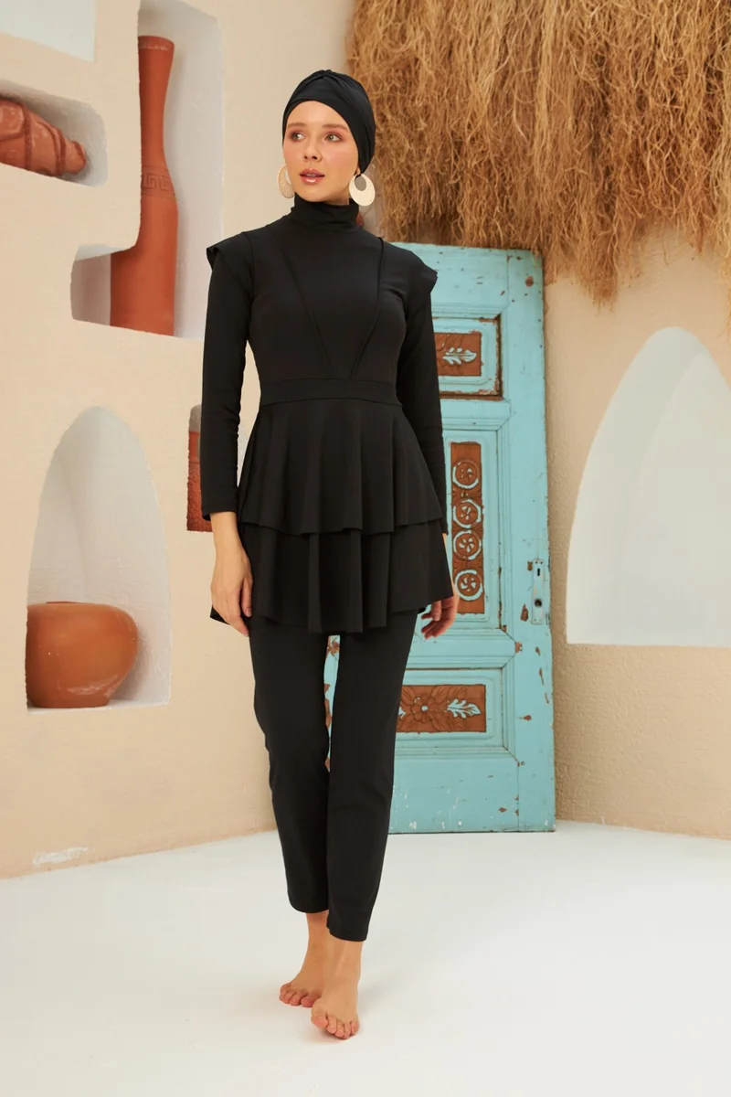 Remsa Mayo Remsa Swimsuit Full Lycra Fully Covered Hijab Swimsuit Swimsuit with Ruffle Detail LT23-01 Black