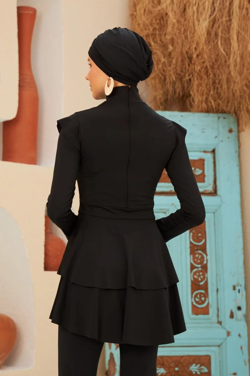 Remsa Mayo Remsa Swimsuit Full Lycra Fully Covered Hijab Swimsuit Swimsuit with Ruffle Detail LT23-01 Black