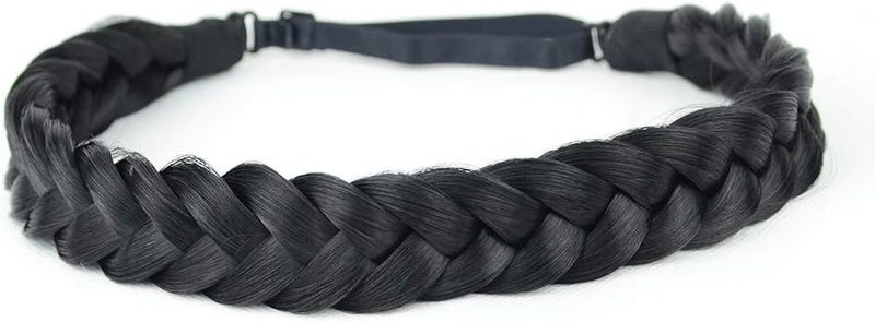 2 Strands Synthetic Hair Braided Headband Classic Chunky Plaited Braids Black Plait Headband for Women Girl Black