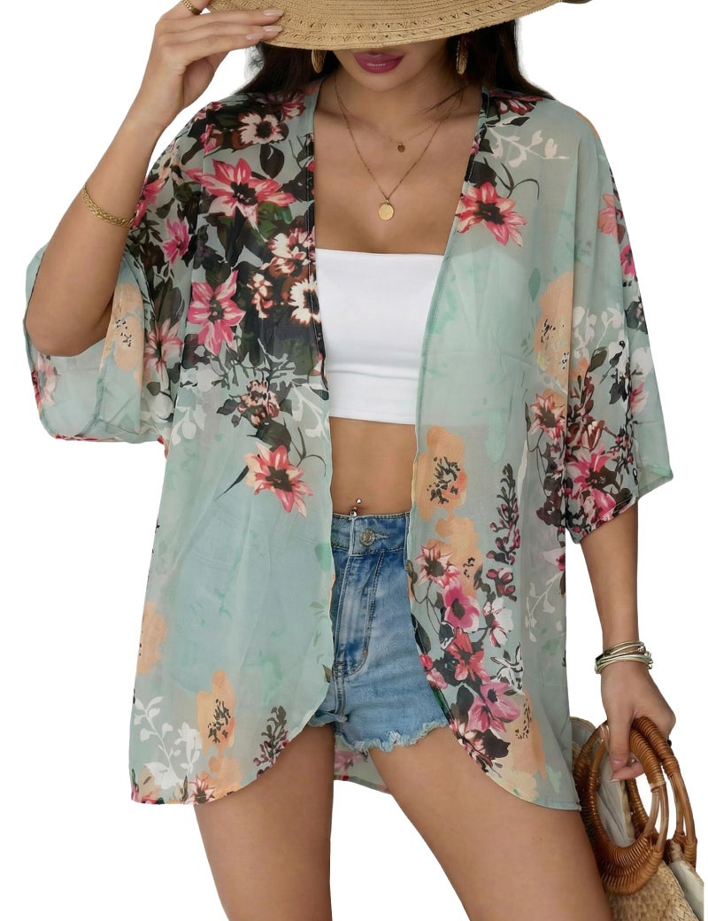 Chunoy Women Plus Size Short Sleeve Shawl Sheer Cardigan Floral Print Chiffon Kimono Cover Up Green XX-Large - Image 1
